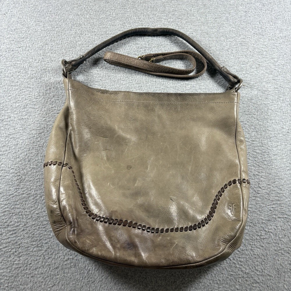 Frye Leather Hobo Bag Grey Taupe Whipstitch Woven Shoulder Purse Slouchy 34DB309